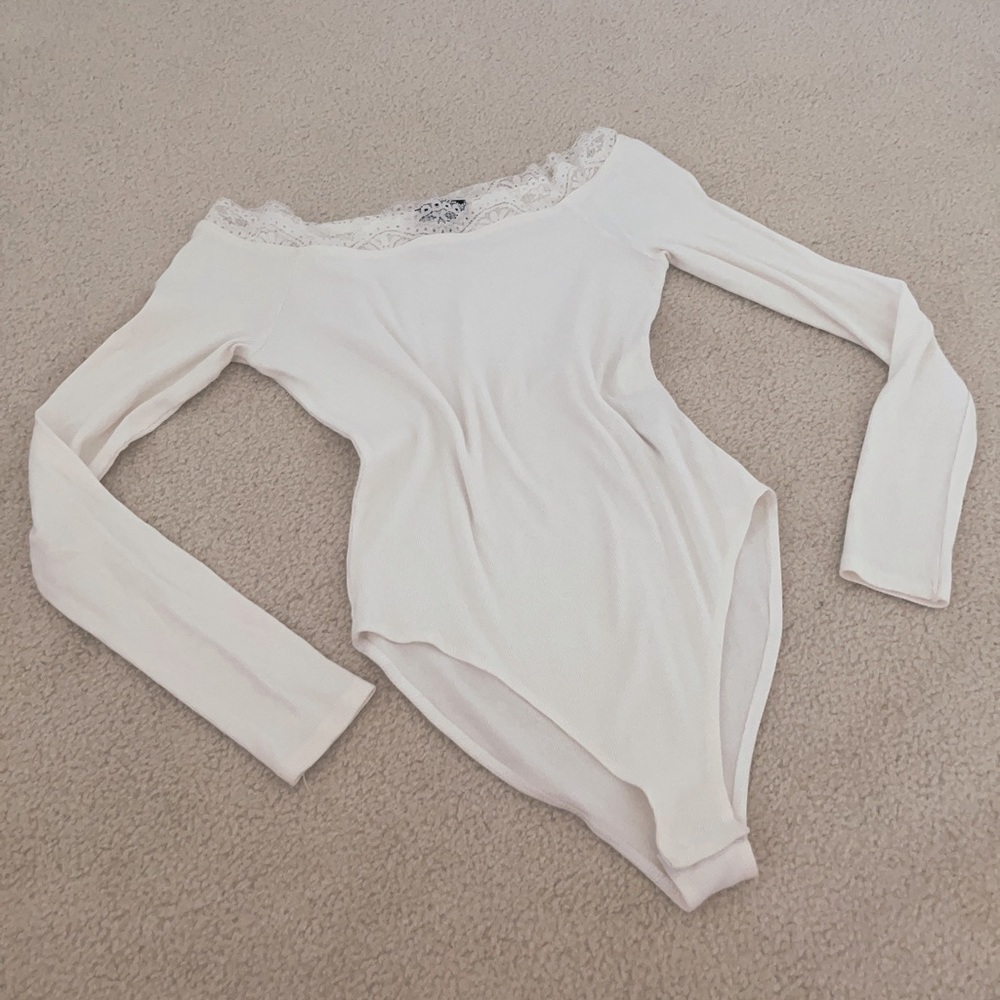 Topshop white lace trim off the shoulder long sleeve bodysuit